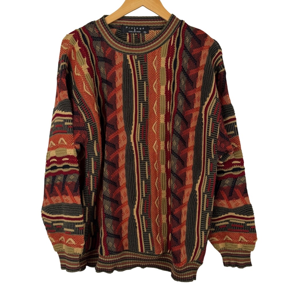 Vintage Protege Collection 3D Knit Sweater Mens XL Multicolor Earth Tones 90s